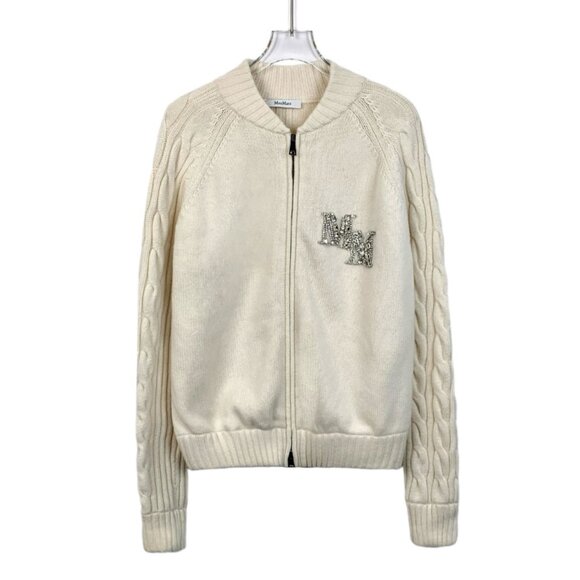 Max Mara Beige Cable Knit Wool Zipper Cardigan W/ Crystal Embellished Logo - Picture 1 of 8